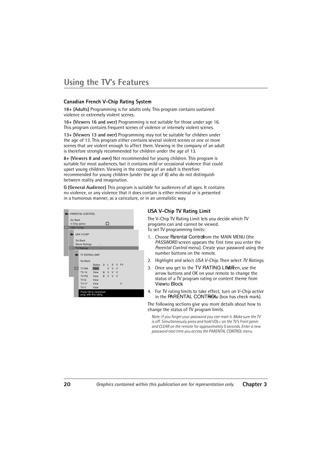 RCA 32F650T manual Canadian French V-Chip Rating System, USA V-Chip TV Rating Limit 