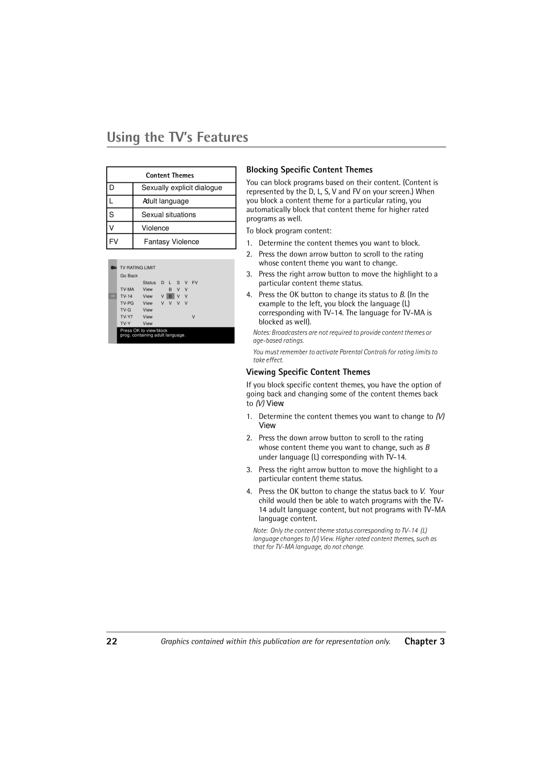 RCA 32F650T manual Blocking Specific Content Themes, Viewing Specific Content Themes 