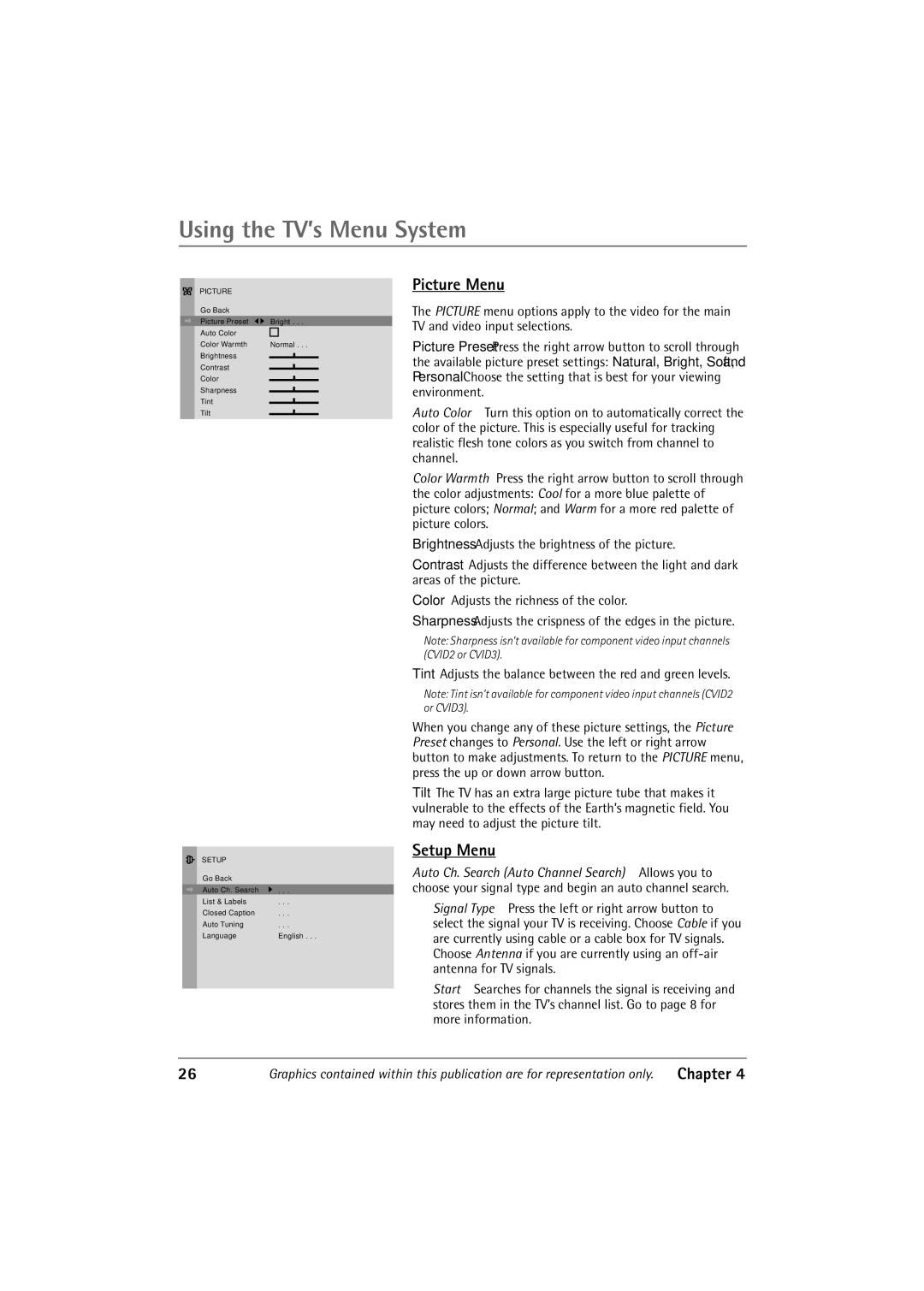 RCA 32F650T manual Using the TV’s Menu System, Picture Menu, Setup Menu 