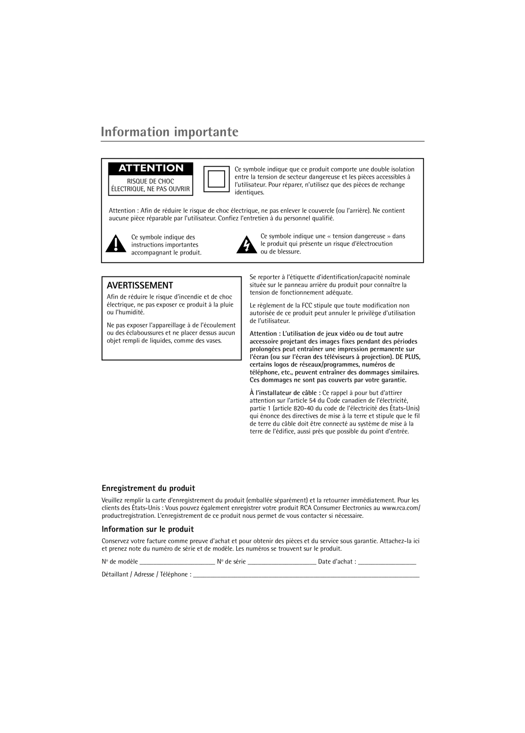 RCA 32F650T manual Information importante, Enregistrement du produit Information sur le produit 