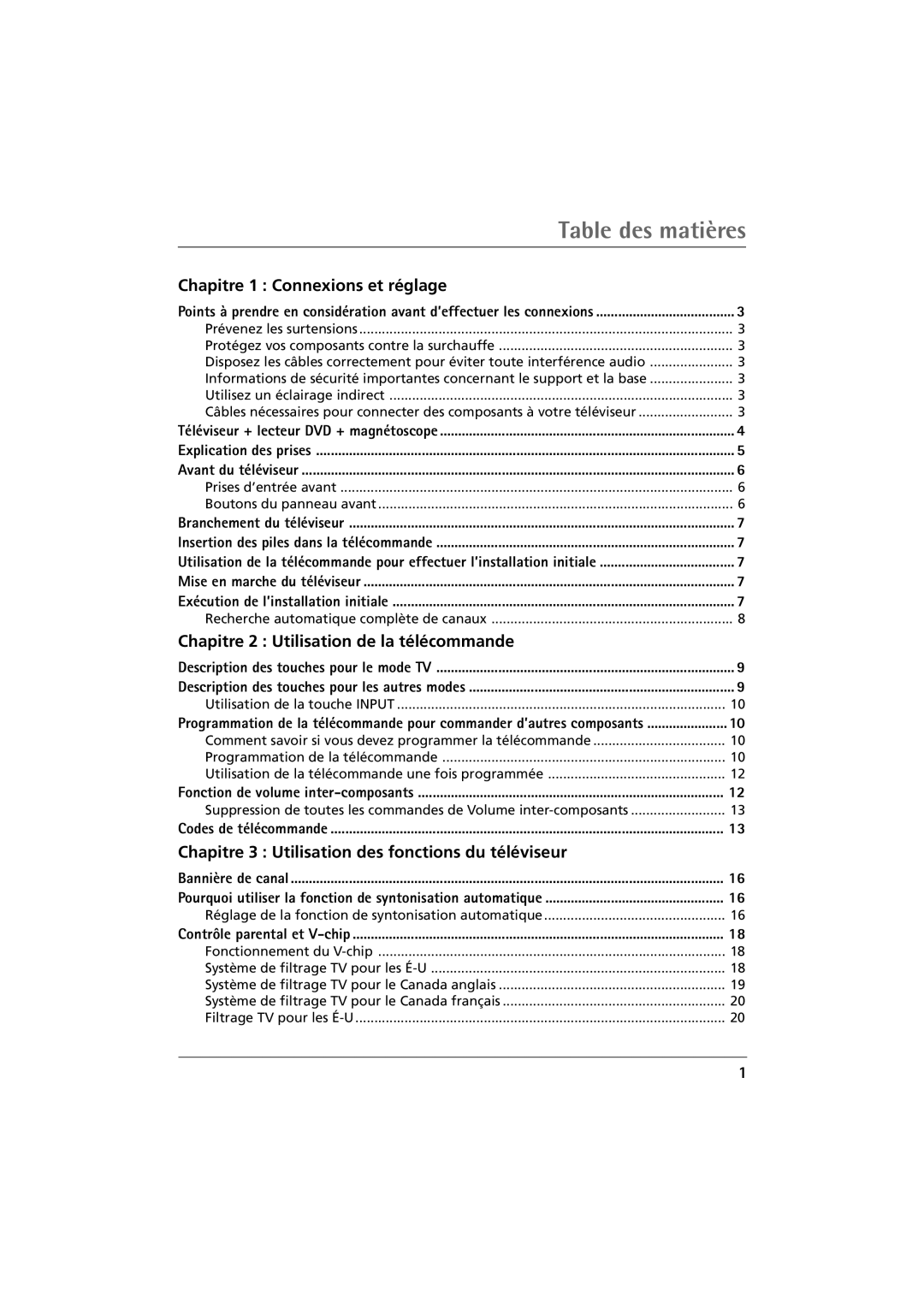 RCA 32F650T manual Chapitre 1 Connexions et réglage, Chapitre 2 Utilisation de la télécommande 