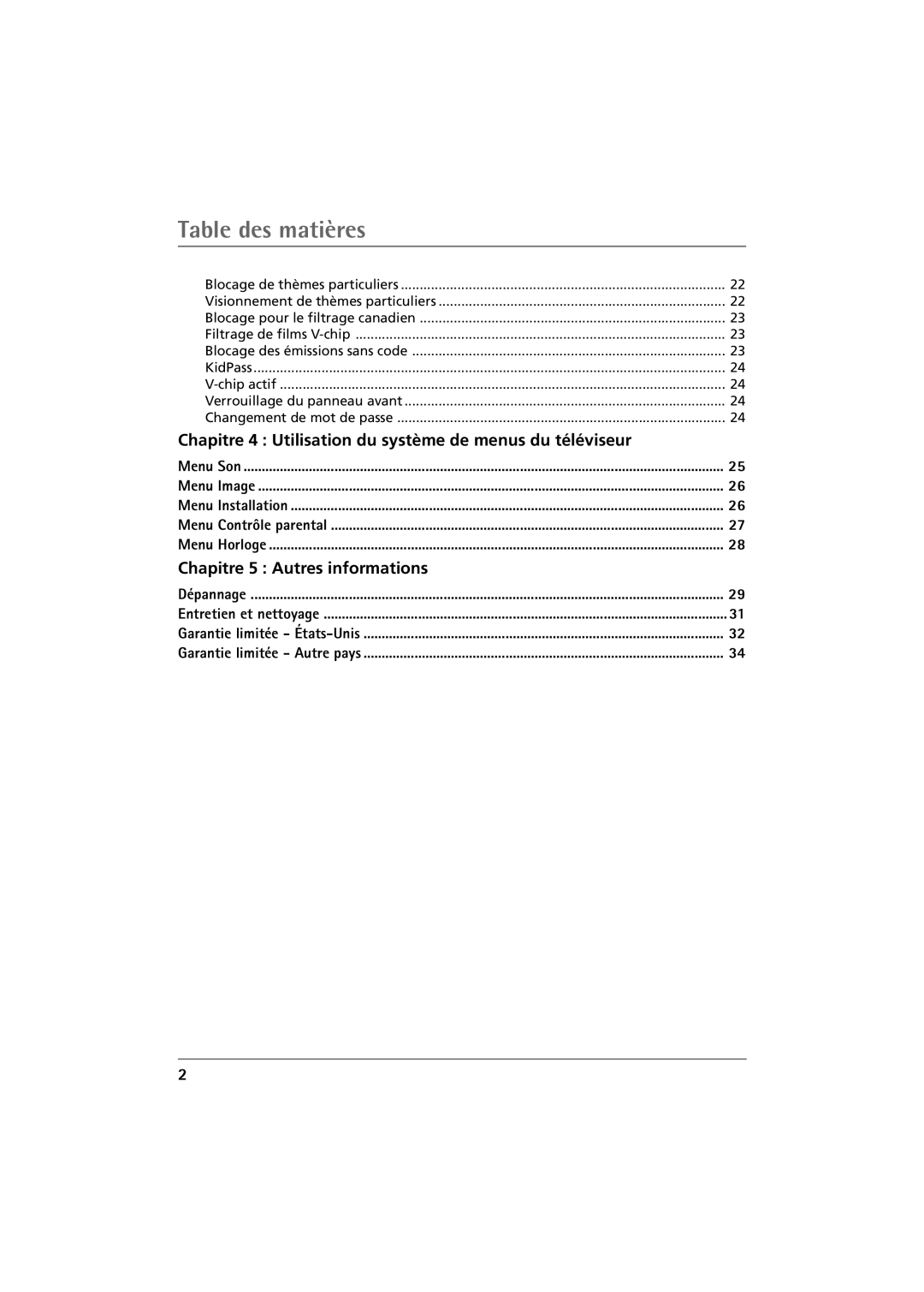 RCA 32F650T Table des matires, Chapitre 4 Utilisation du système de menus du téléviseur, Chapitre 5 Autres informations 