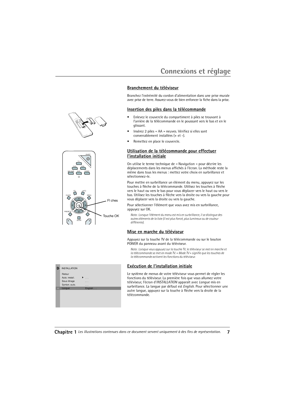 RCA 32F650T manual Branchement du tŽlŽviseur, Insertion des piles dans la tŽlŽcommande, Mise en marche du tŽlŽviseur 