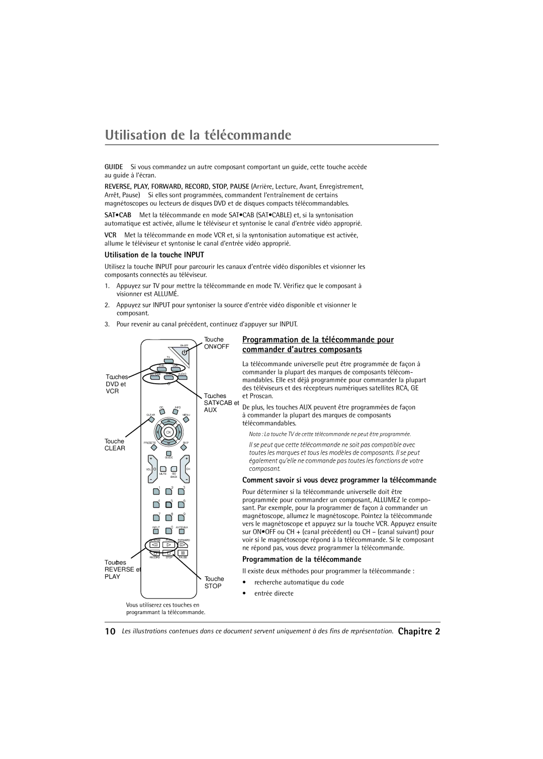 RCA 32F650T manual Utilisation de la tŽlŽcommande, Utilisation de la touche Input, Programmation de la tŽlŽcommande 