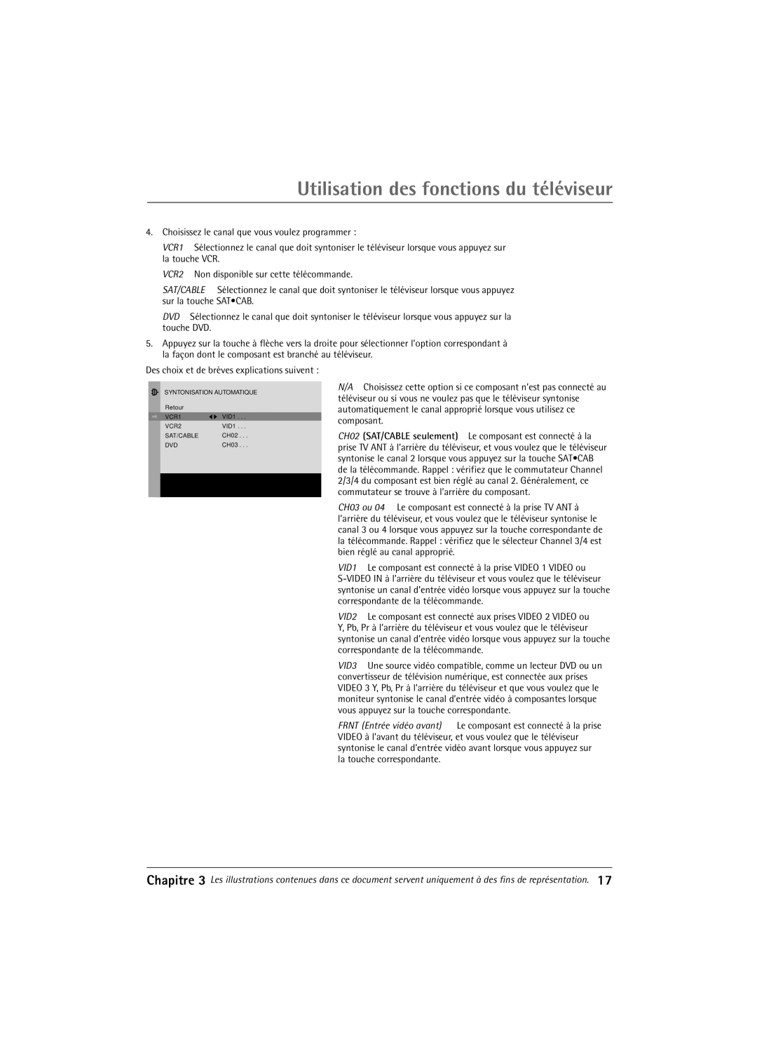 RCA 32F650T manual Utilisation des fonctions du tŽlŽviseur, CH03 ou 04 Le composant est connecté à la prise TV ANT à 