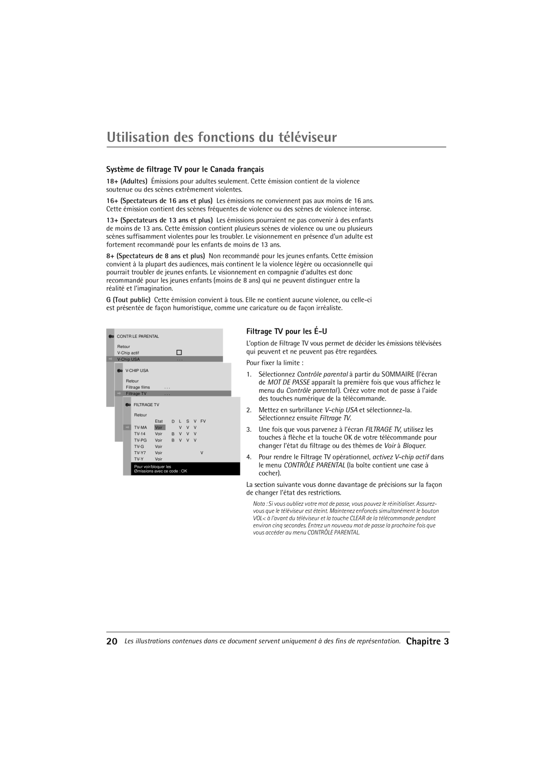 RCA 32F650T manual Systme de filtrage TV pour le Canada franais, Filtrage TV pour les ƒ-U 