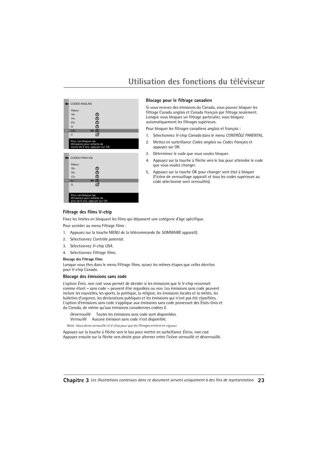 RCA 32F650T manual Blocage pour le filtrage canadien, Filtrage des films V-chip, Blocage des Žmissions sans code 