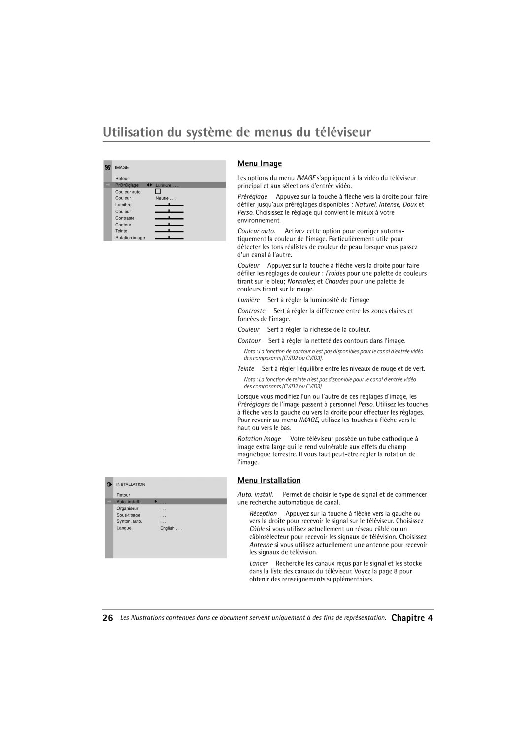 RCA 32F650T manual Utilisation du systme de menus du tŽlŽviseur, Menu Image, Menu Installation 