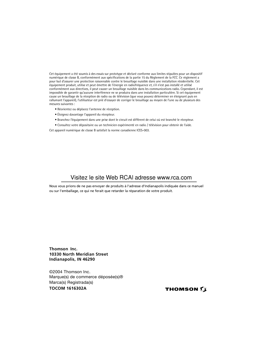 RCA 32F650T manual Thomson Inc Marques de commerce déposées Marcas Registradas 