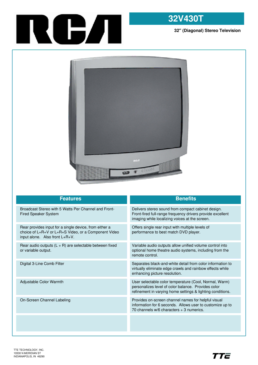 RCA 32V430T manual Features Benefits, Diagonal Stereo Television 