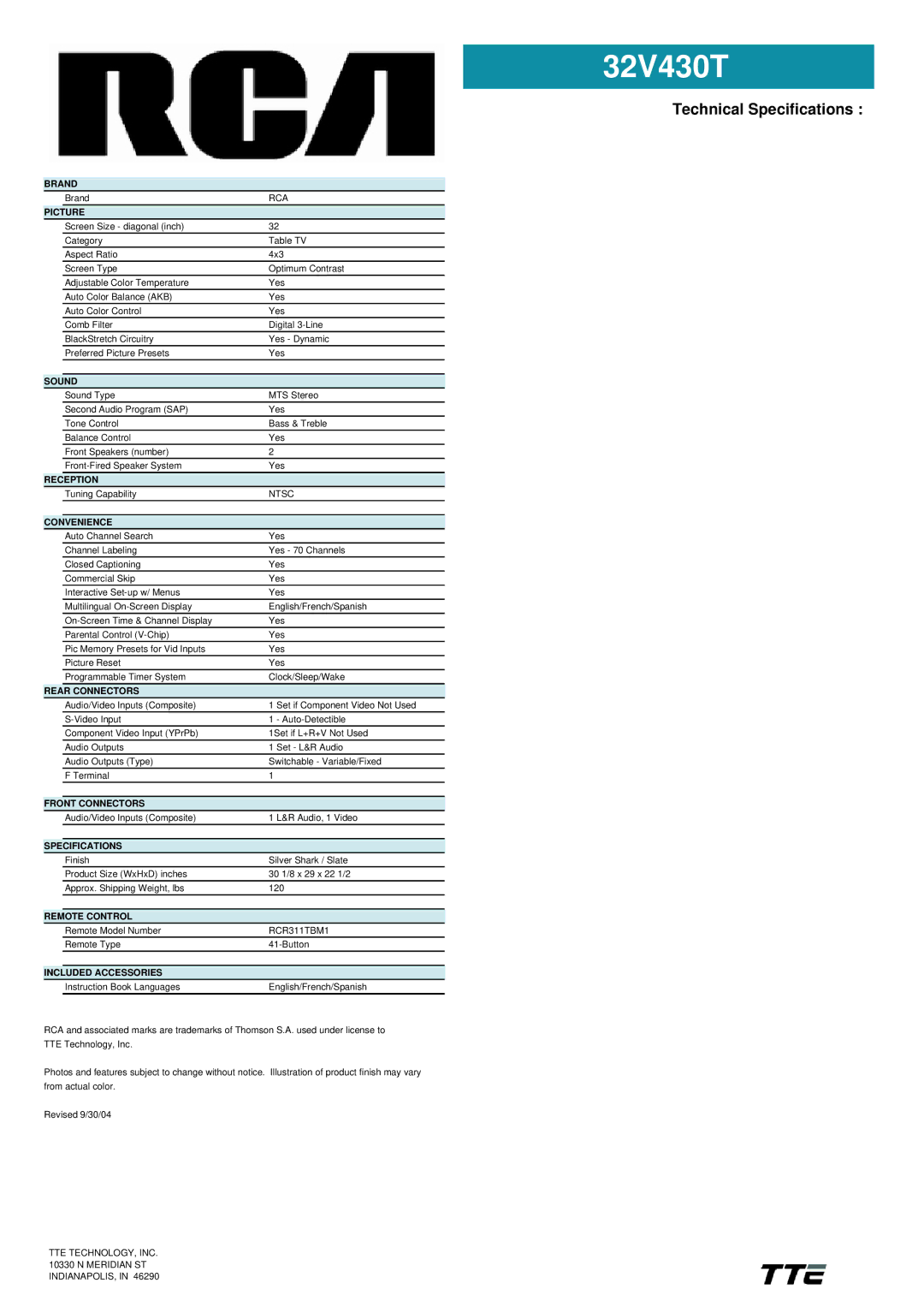 RCA 32V430T manual Technical Specifications 