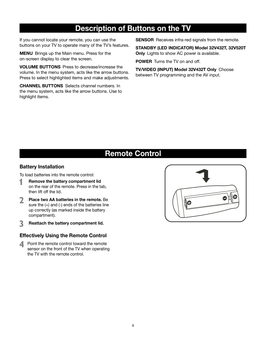 RCA 32v432T manual Description of Buttons on the TV, Remote Control, TV/VIDEO Input Model 32V432T Only Choose 