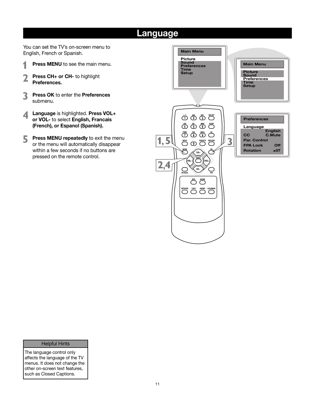 RCA 32v432T manual Language, Press CH+ or CH- to highlight Preferences 