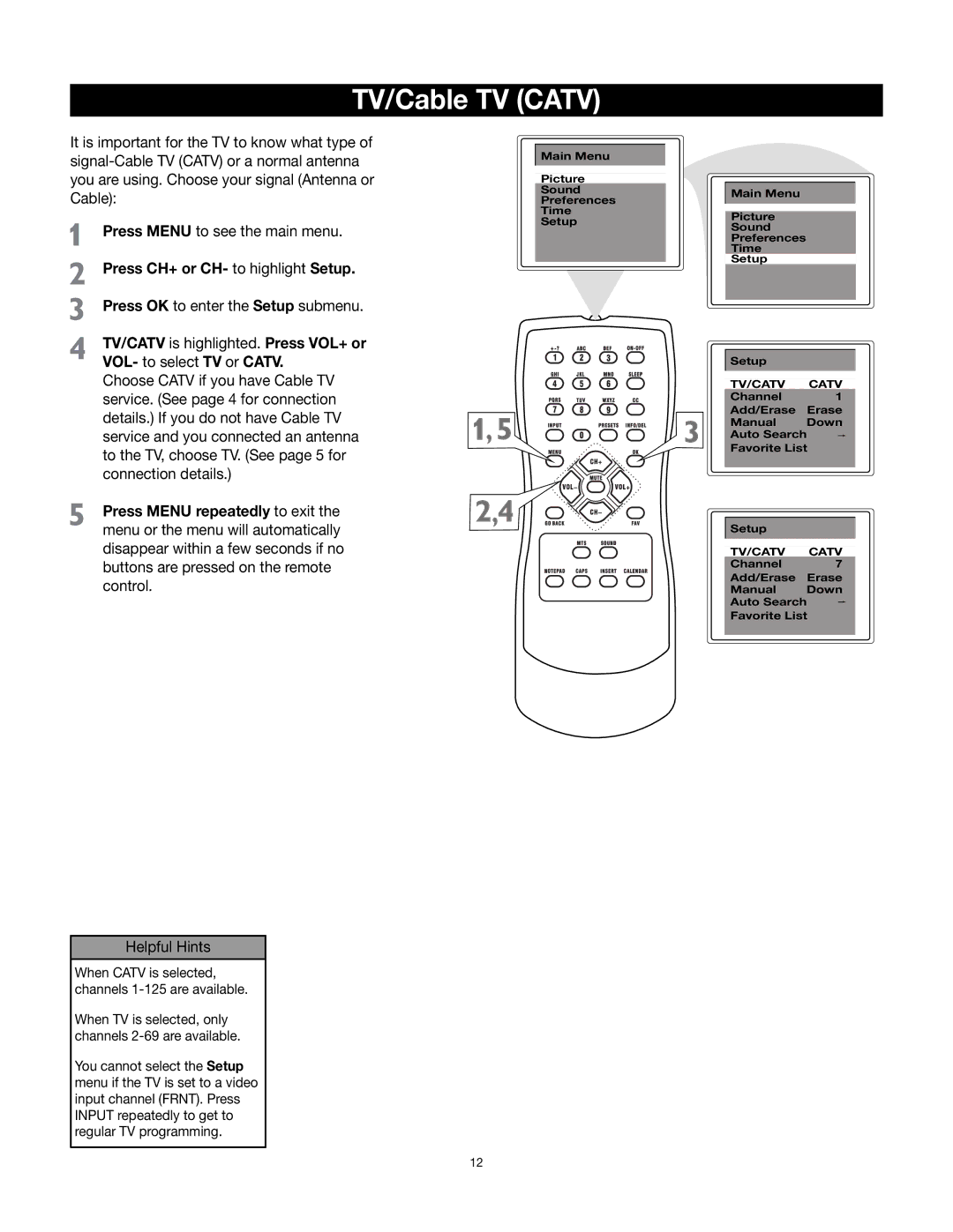 RCA 32v432T manual TV/Cable TV Catv, Press CH+ or CH- to highlight Setup 