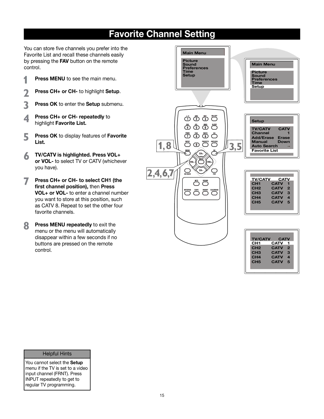 RCA 32v432T manual Favorite Channel Setting, Press CH+ or CH- repeatedly to highlight Favorite List 