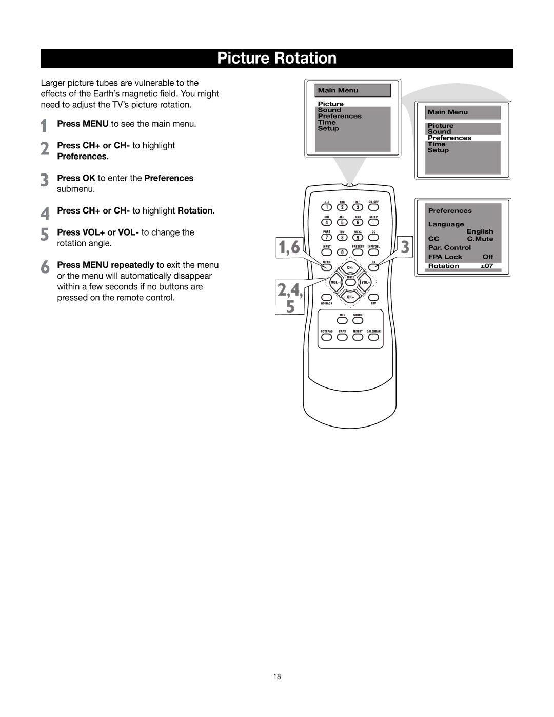 RCA 32v432T manual Picture Rotation, Rotation angle 