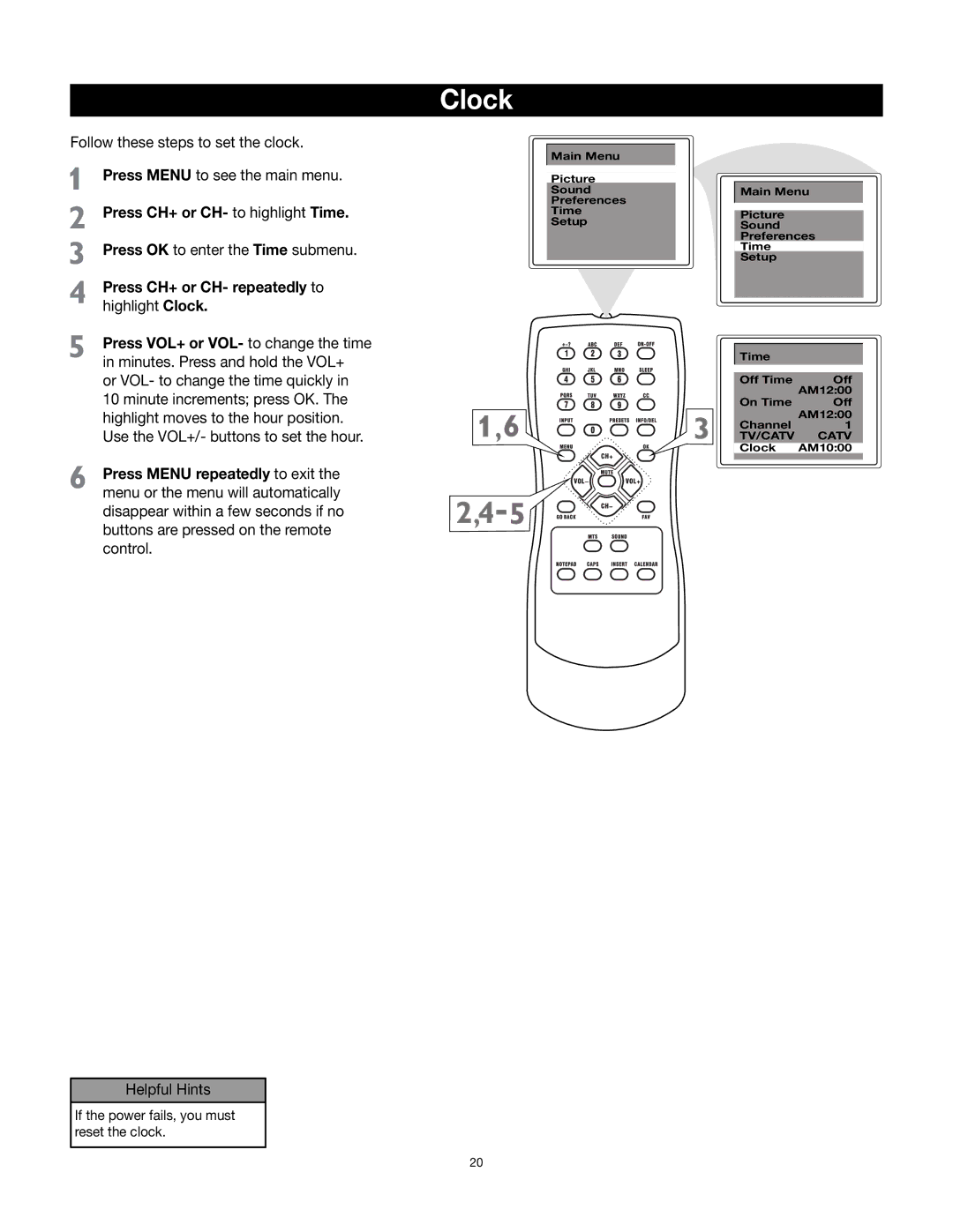 RCA 32v432T manual Press CH+ or CH- to highlight Time, Press CH+ or CH- repeatedly to highlight Clock 