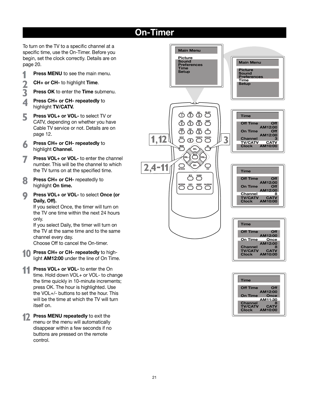 RCA 32v432T manual On-Timer, CH+ or CH- to highlight Time 