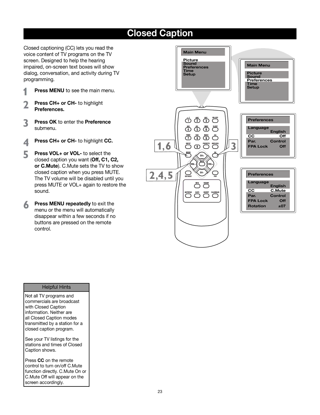 RCA 32v432T manual Closed Caption, Press CH+ or CH- to highlight Preferences 