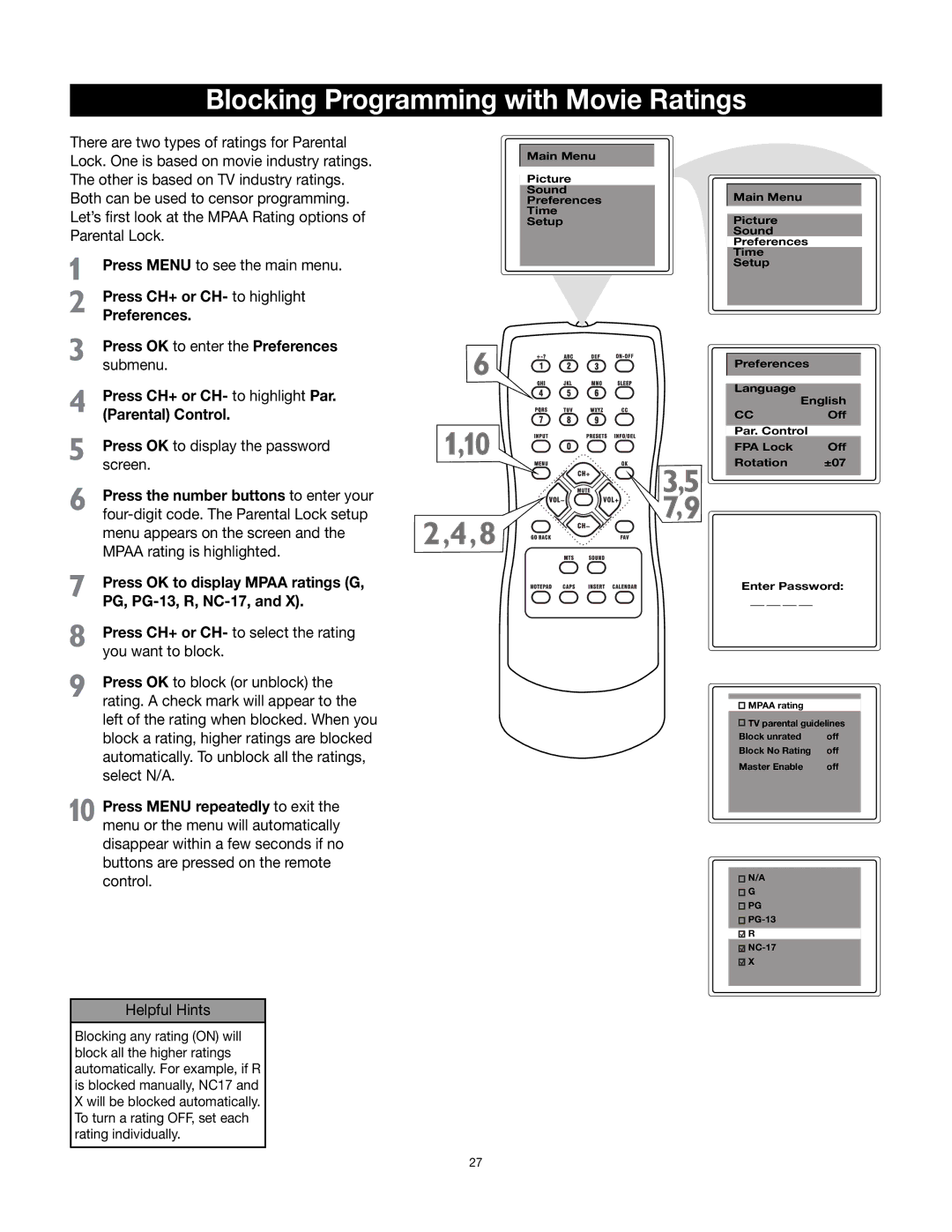 RCA 32v432T manual Blocking Programming with Movie Ratings, Press CH+ or CH- to highlight Par. Parental Control 