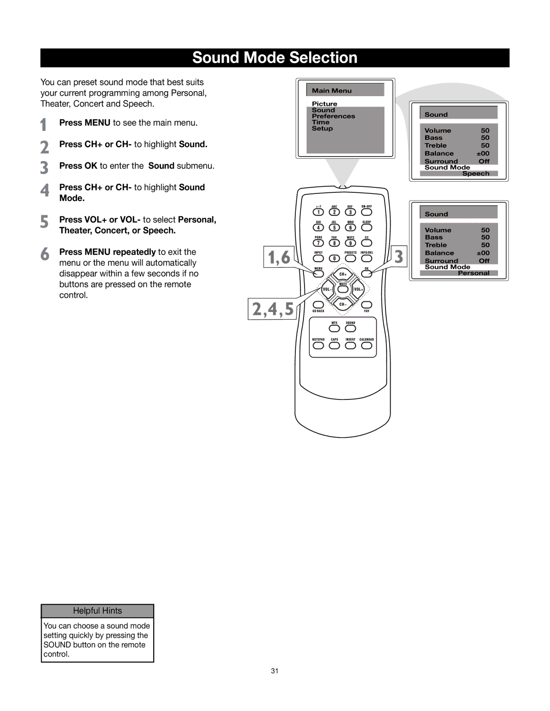 RCA 32v432T manual Sound Mode Selection, Press CH+ or CH- to highlight Sound 