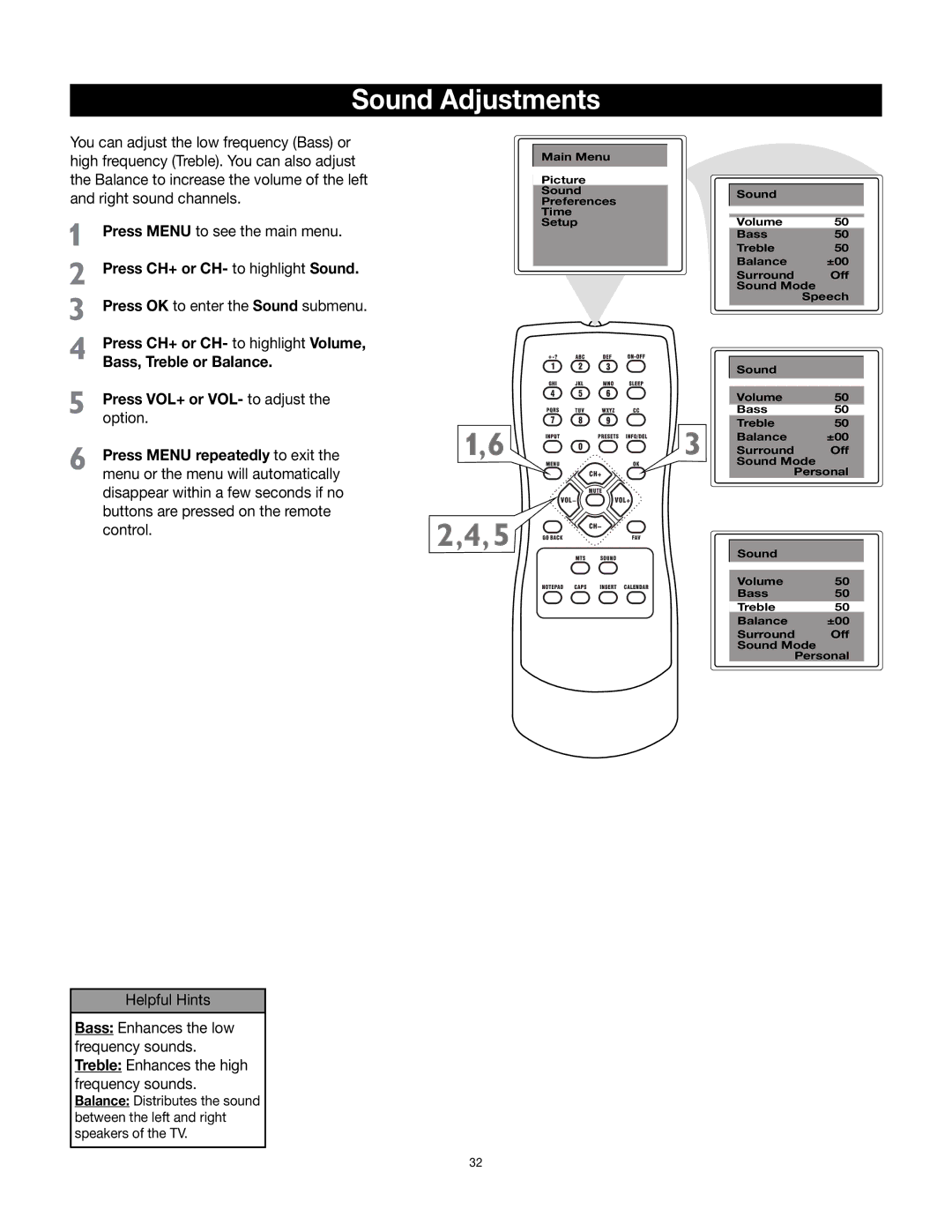 RCA 32v432T manual Sound Adjustments 