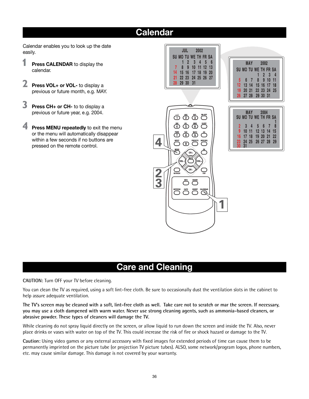 RCA 32v432T manual Care and Cleaning, Press Calendar to display the calendar 