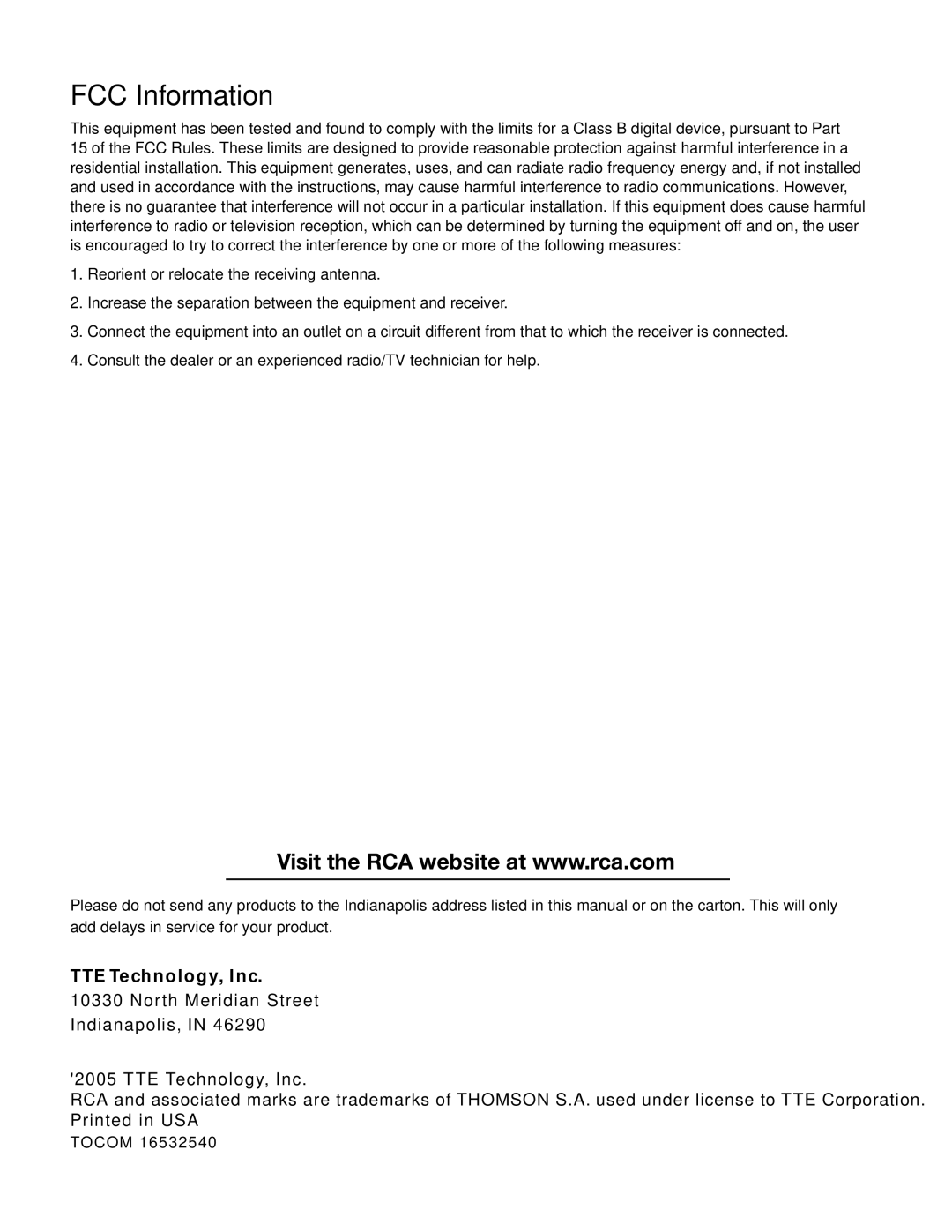 RCA 32v432T manual FCC Information, Tocom 