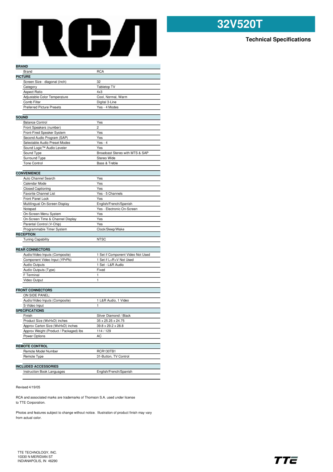 RCA 32V520T manual Technical Specifications 