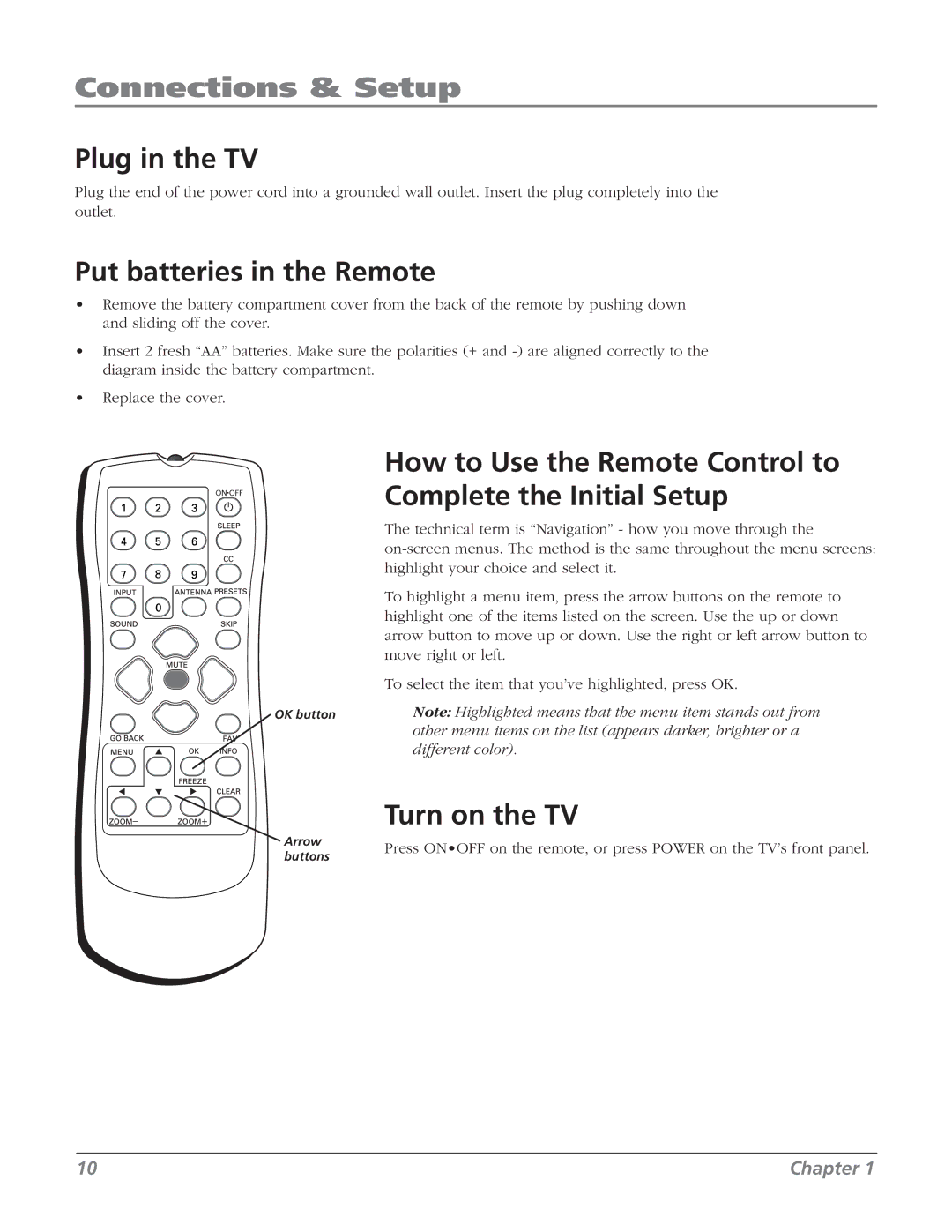 RCA 32V524T Plug in the TV, Put batteries in the Remote, How to Use the Remote Control to, Complete the Initial Setup 