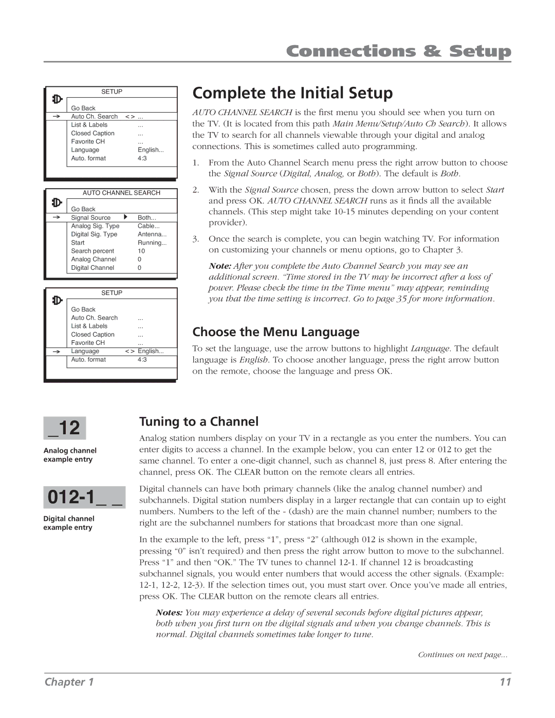 RCA 32v434t, 32V524T manual Choose the Menu Language, Tuning to a Channel 