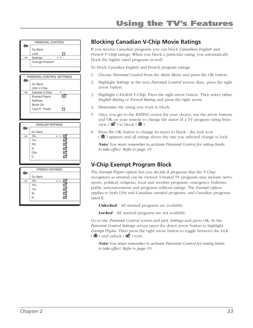 RCA 32v434t, 32V524T manual Blocking Canadian V-Chip Movie Ratings, Chip Exempt Program Block 