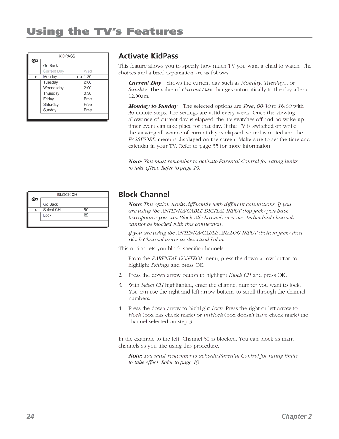 RCA 32V524T, 32v434t manual Activate KidPass, Block Channel 