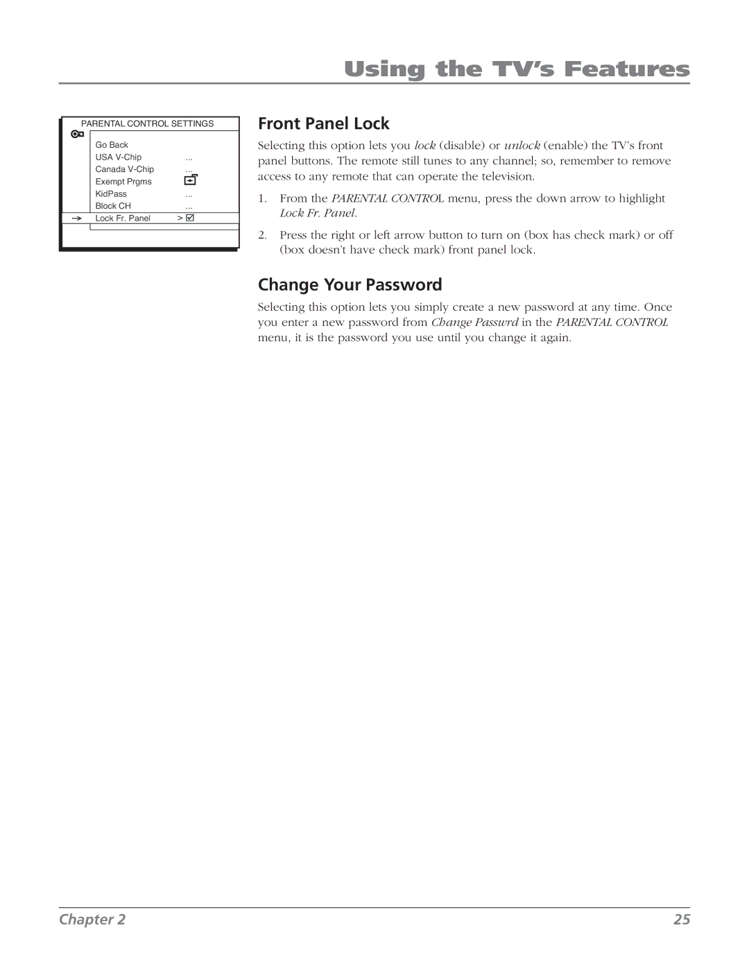 RCA 32v434t, 32V524T manual Front Panel Lock, Change Your Password 