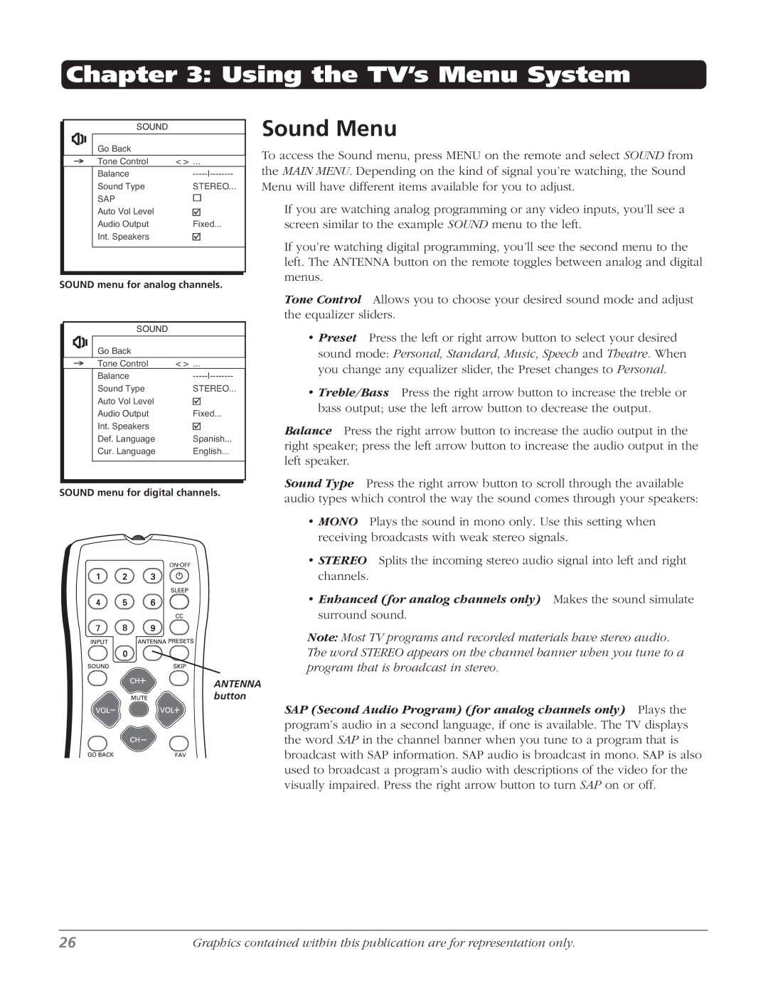 RCA 32V524T, 32v434t manual Using the TV’s Menu System, Sound Menu 