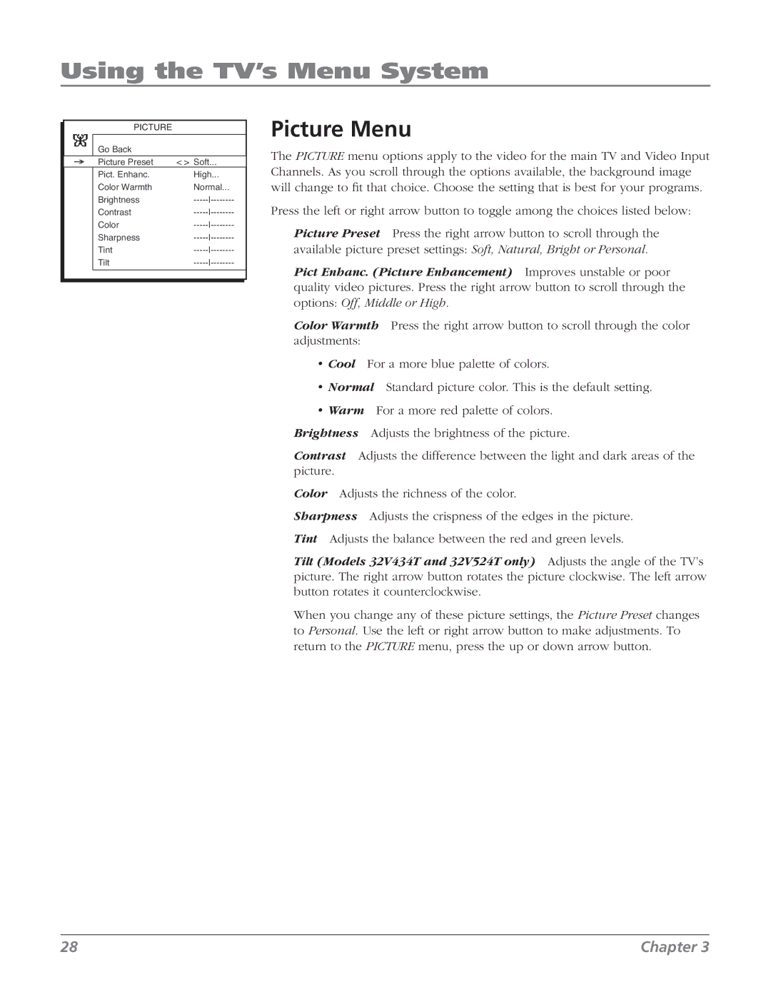 RCA 32V524T, 32v434t manual Picture Menu 