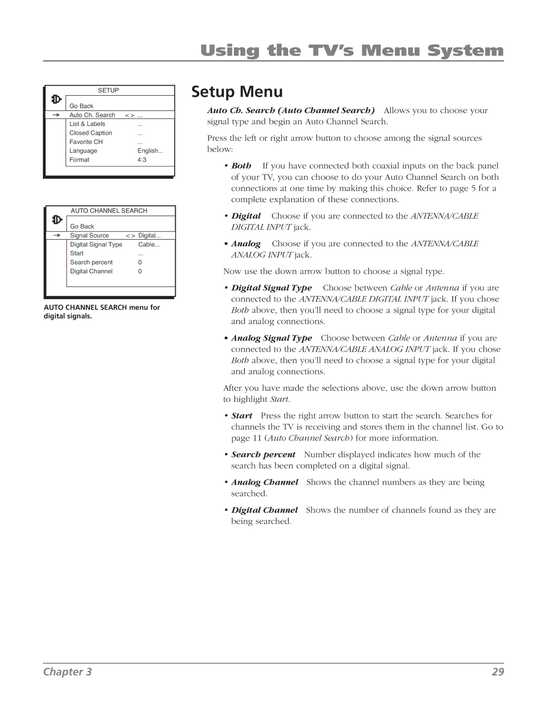 RCA 32v434t, 32V524T manual Setup Menu 