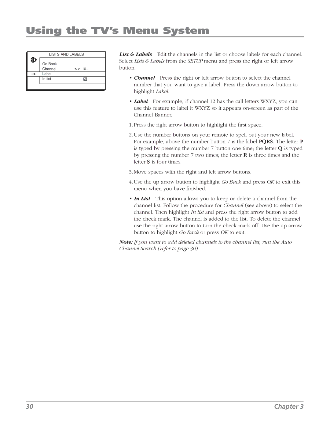 RCA 32V524T, 32v434t manual Lists and Labels 