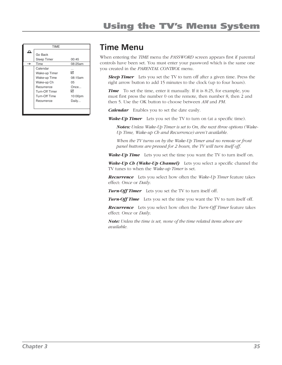 RCA 32v434t, 32V524T manual Time Menu 