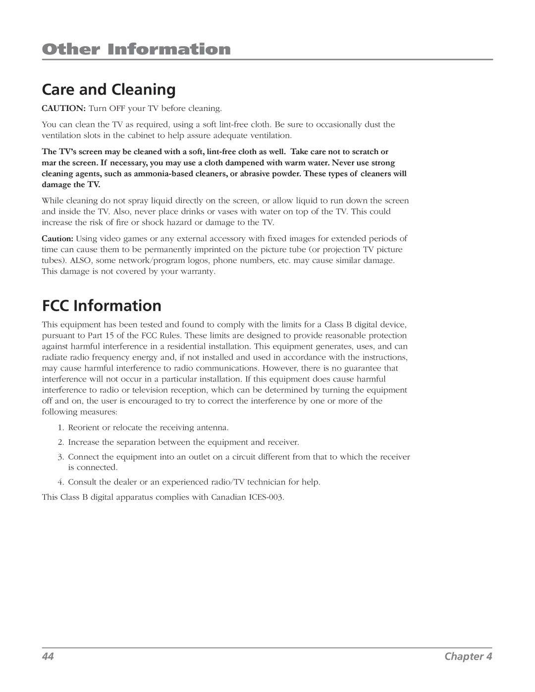 RCA 32V524T, 32v434t manual Care and Cleaning, FCC Information 