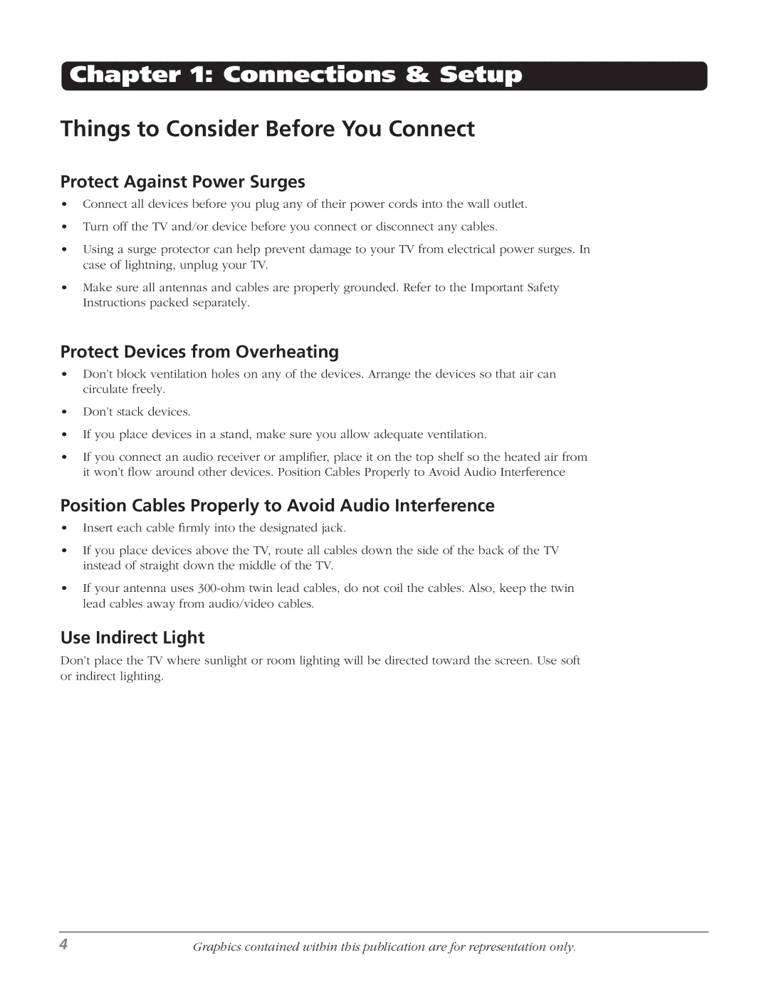 RCA 32V524T, 32v434t Things to Consider Before You Connect, Protect Against Power Surges, Protect Devices from Overheating 