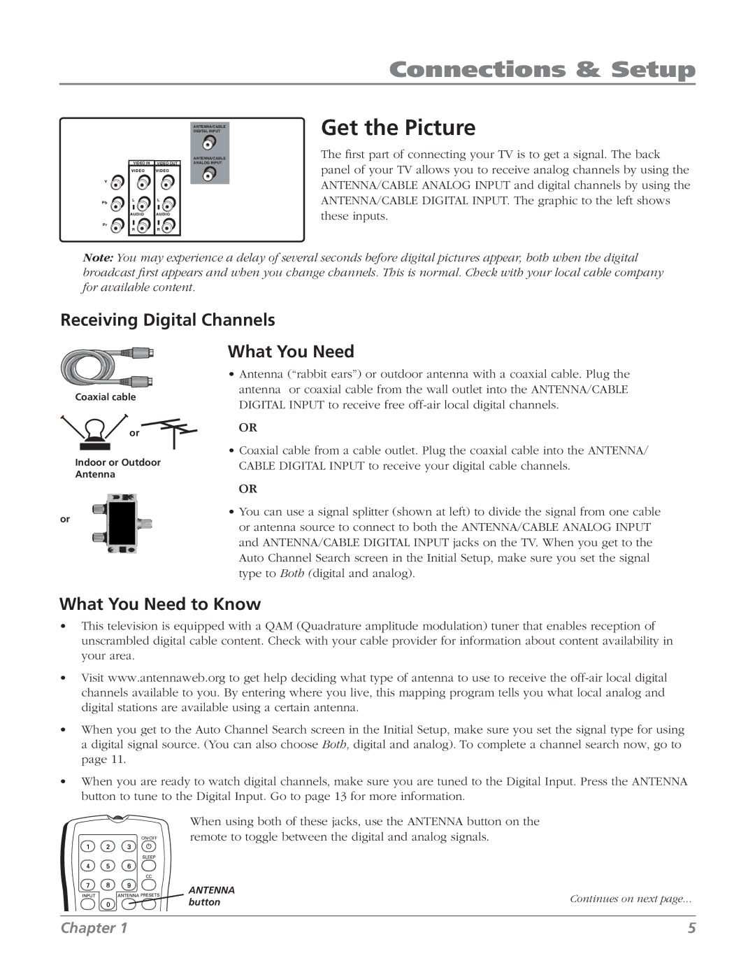 RCA 32v434t, 32V524T manual Connections & Setup, Get the Picture, Receiving Digital Channels, What You Need to Know 