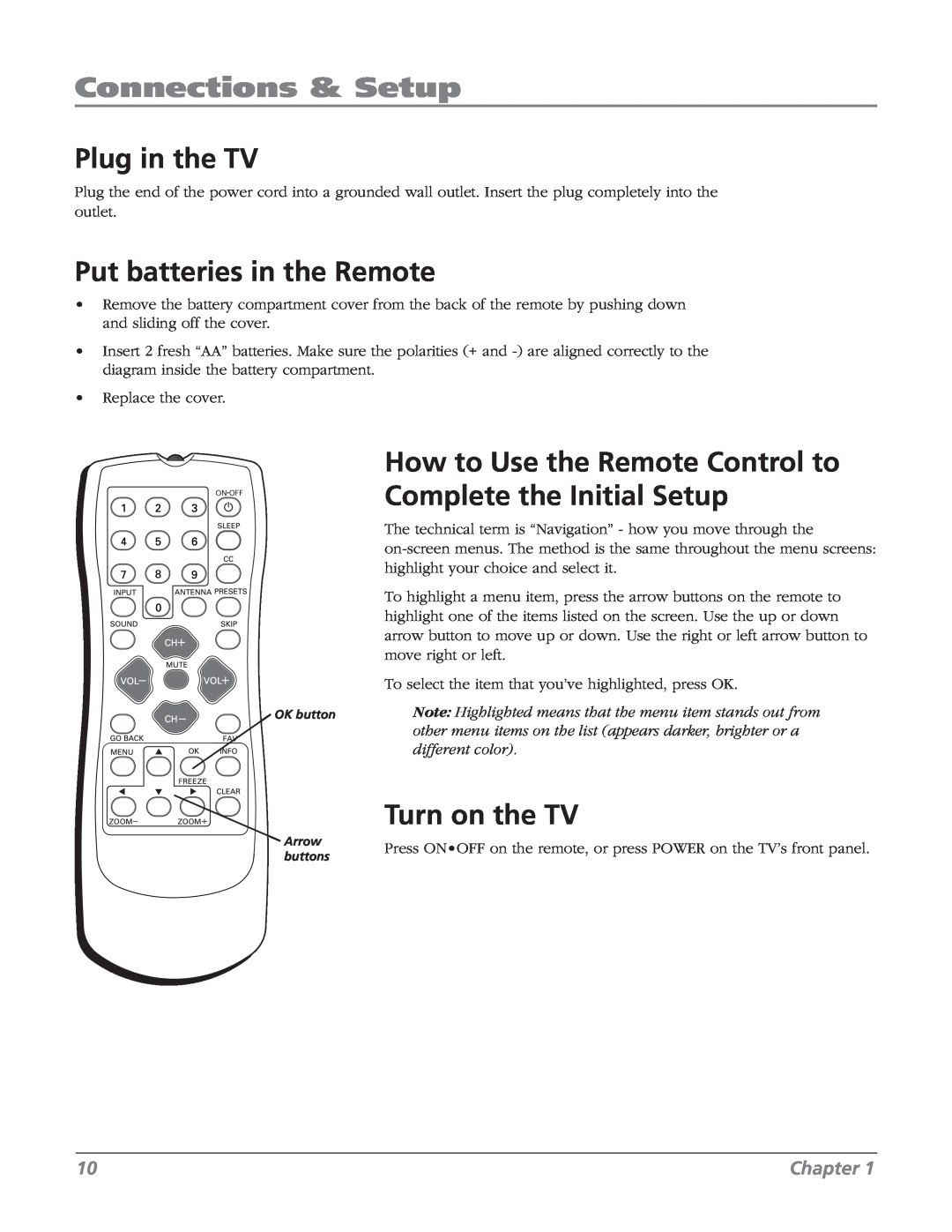 RCA 32V524T Plug in the TV, Put batteries in the Remote, How to Use the Remote Control to, Complete the Initial Setup 