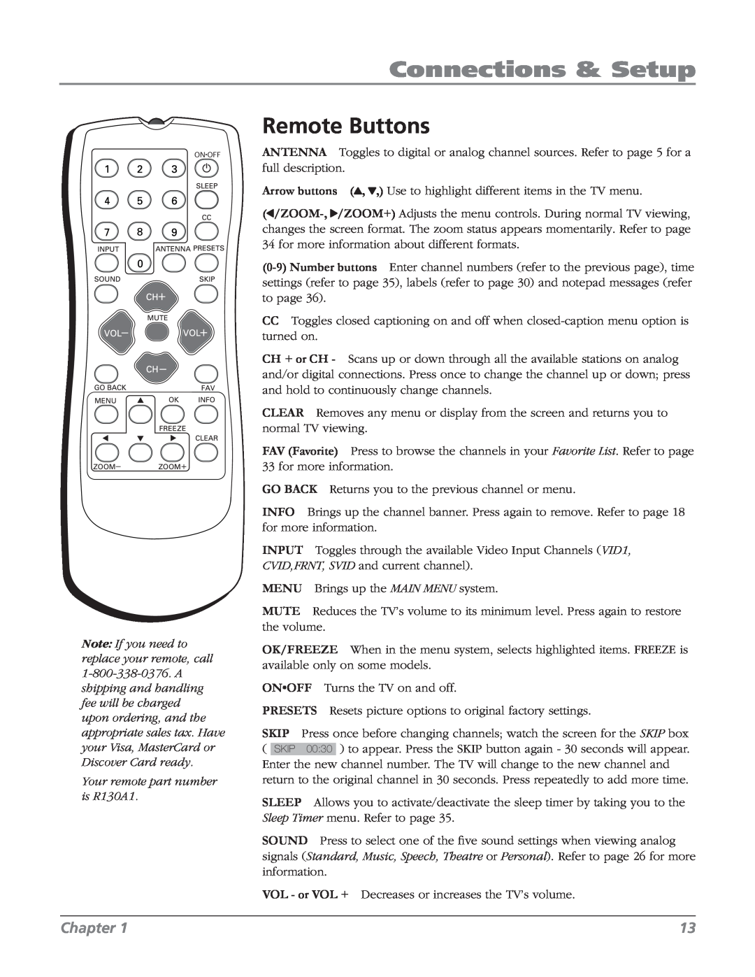 RCA 32v434t, 32V524T manual Remote Buttons, Your remote part number is R130A1, Connections & Setup, Chapter 