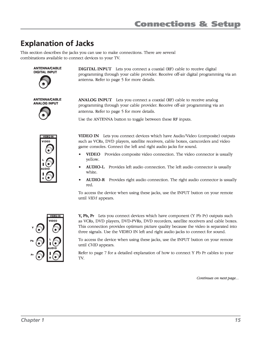 RCA 32v434t, 32V524T manual Explanation of Jacks, Connections & Setup, Chapter 