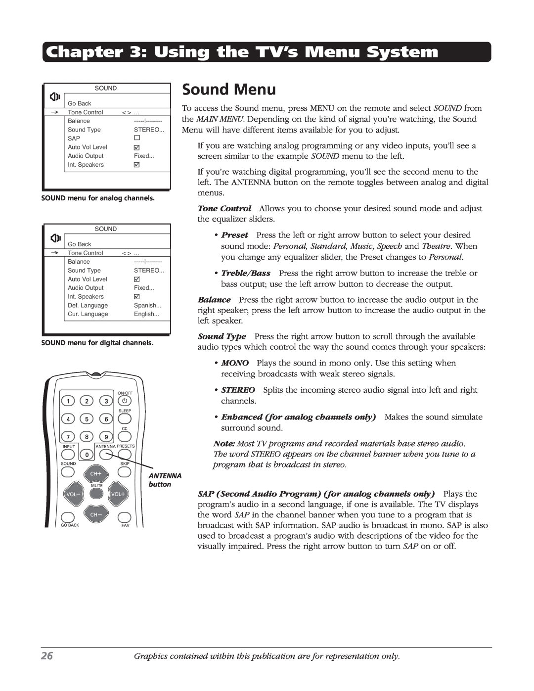 RCA 32V524T, 32v434t manual Using the TV’s Menu System, Sound Menu 