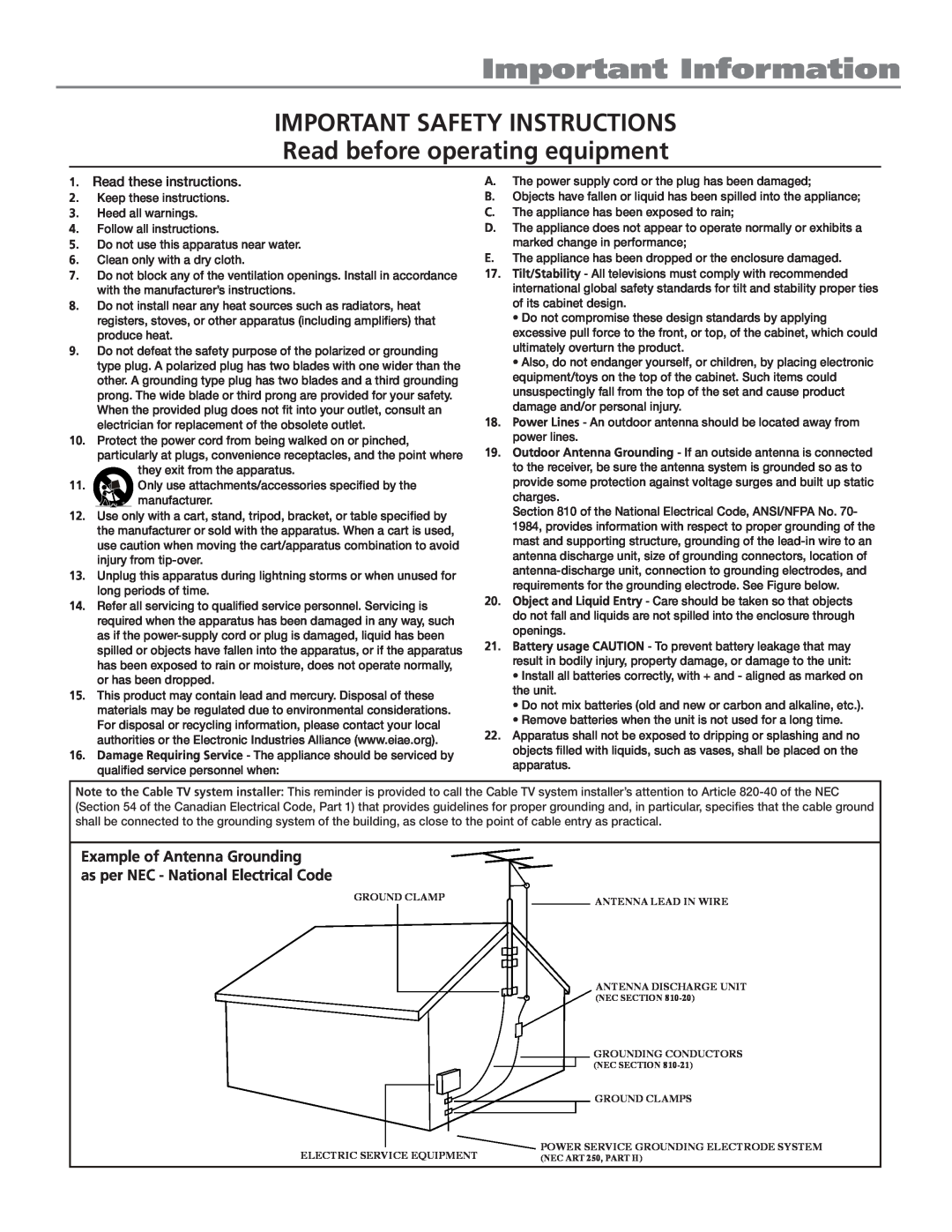 RCA 32v434t, 32V524T manual Example of Antenna Grounding as per NEC - National Electrical Code, Important Information 