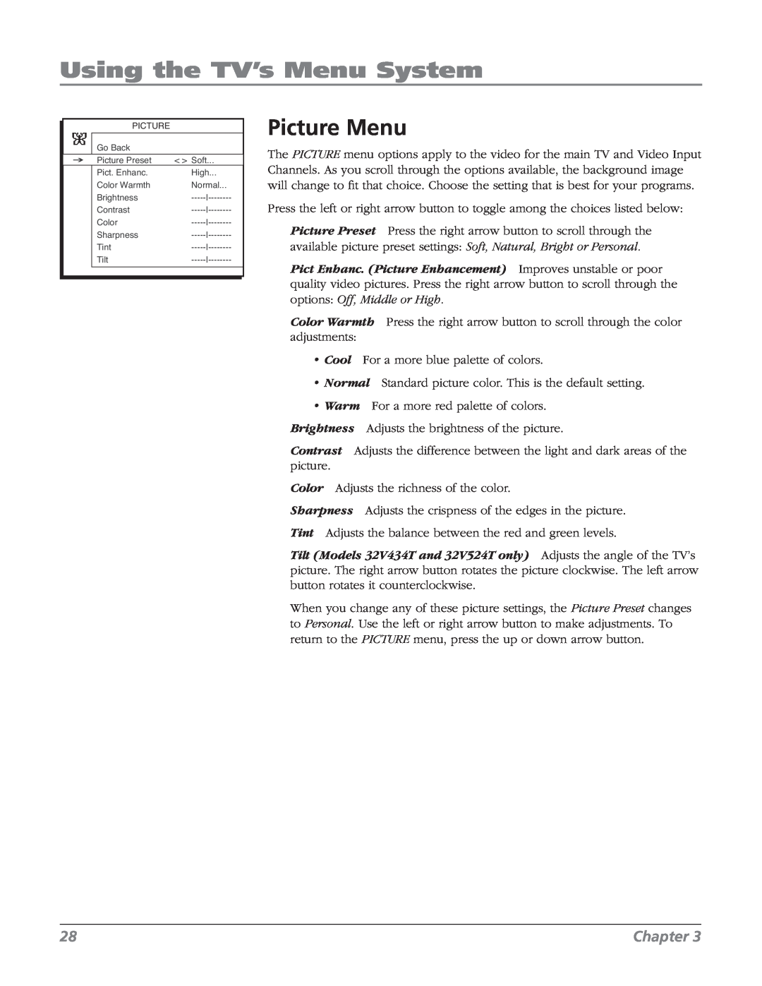 RCA 32V524T, 32v434t manual Picture Menu, Using the TV’s Menu System, Chapter 