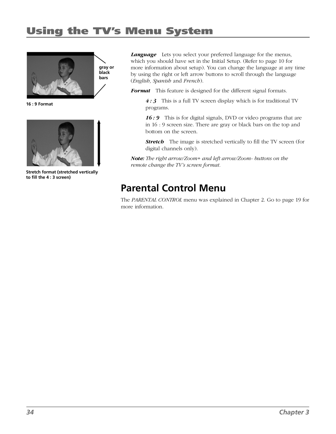 RCA 32V524T, 32v434t manual Parental Control Menu, Using the TV’s Menu System, Chapter 