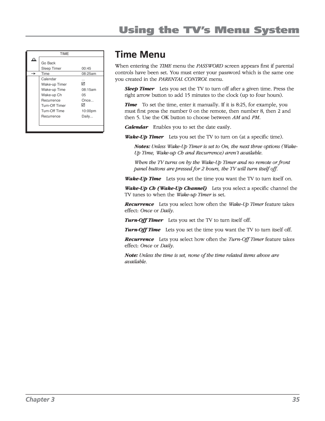 RCA 32v434t, 32V524T manual Time Menu, Using the TV’s Menu System, Chapter 